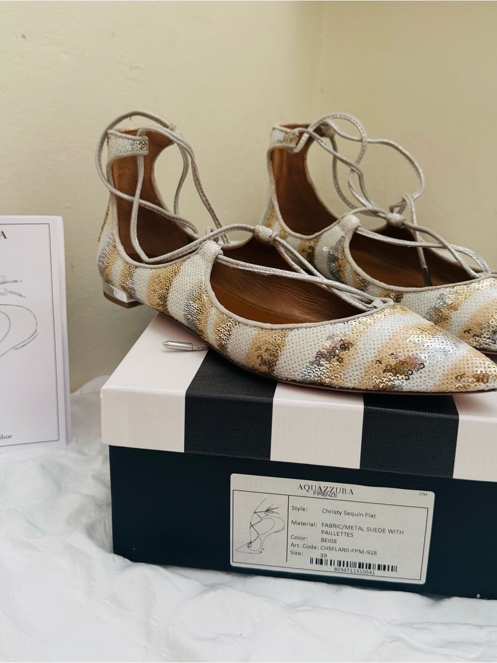 Aquazzura Sequin Striped Lace-Up Flats in Beige and Gold